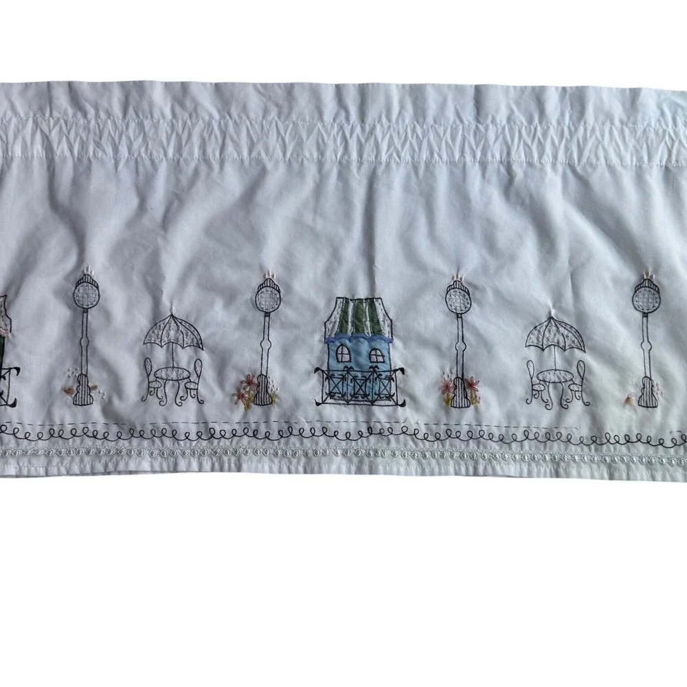 Vintage Style Embroidered Paris Cafe Scene Window Valance White Lace Trim 59x15